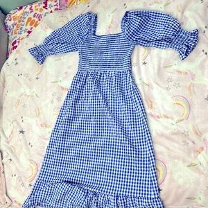 puffy shoulder country long blue plaid dress